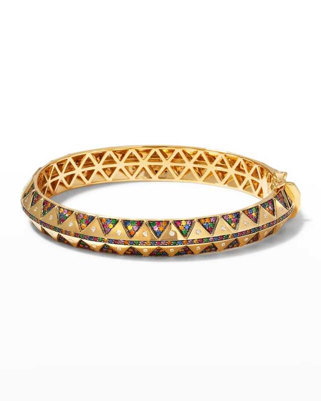 18K Yellow Gold 9mm Chubby Rainbow Sapphire and Diamond Bangle